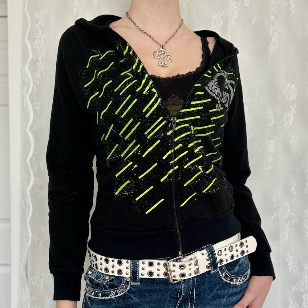 Trashy Y2K 2000s Mall Goth Black Hoodie With Neon Green Graphic